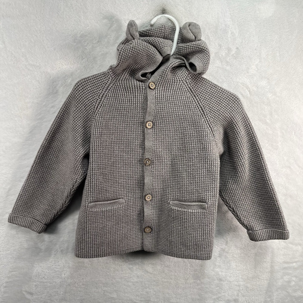 Zara Baby Bear Knit Cardigan Unisex Baby 18-24m Gray Hooded Ears Casual Fall
